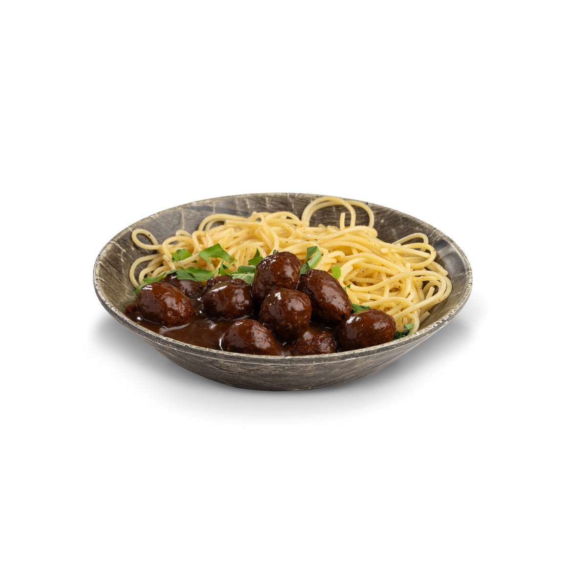 Fried Swedish Turkey Meatballs with Spaghetti and Parsley on Top