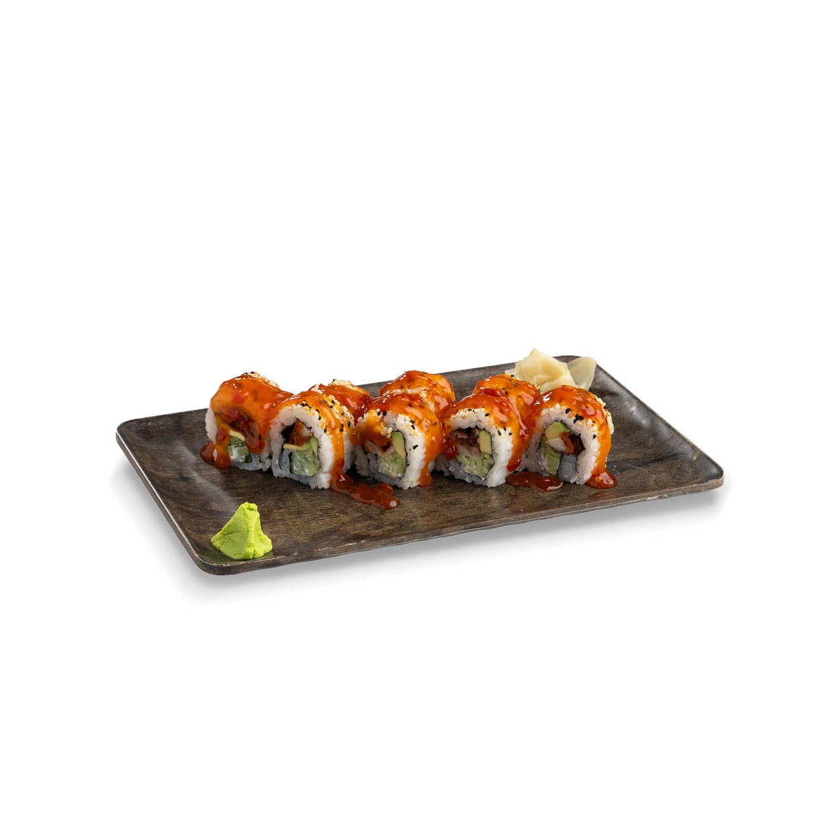 Cucumber, Avocado, Cream Cheese, Mongolian Chicken Pieces, Topped with Sweet Chili Sauce, Pickled Ginger and Wasabi
